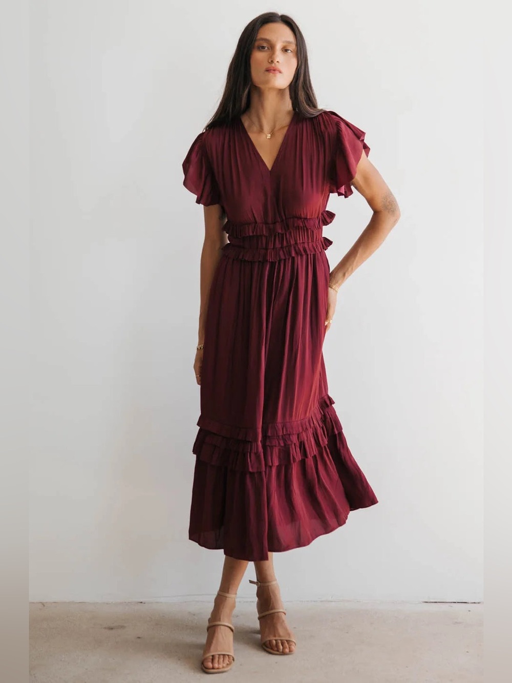 Bohme Maroon Ruffle Willa Midi Dress features a V-neckline and tiered skirt. L - Picture 4 of 12